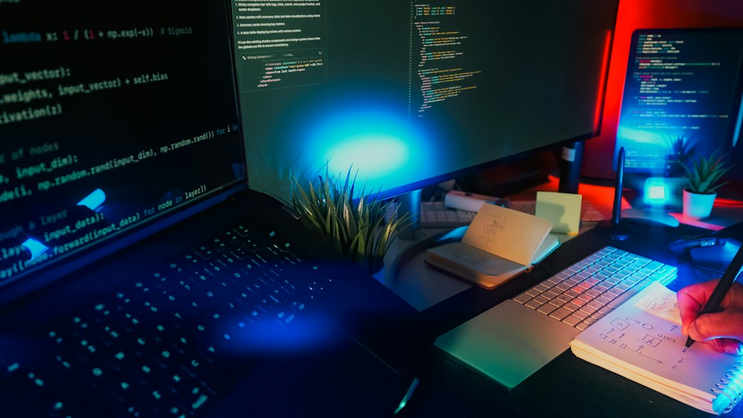 Data engineer working with data and computer screens in an office