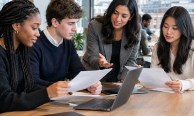 Students and graduates discussing UK internship opportunities in a modern workplace