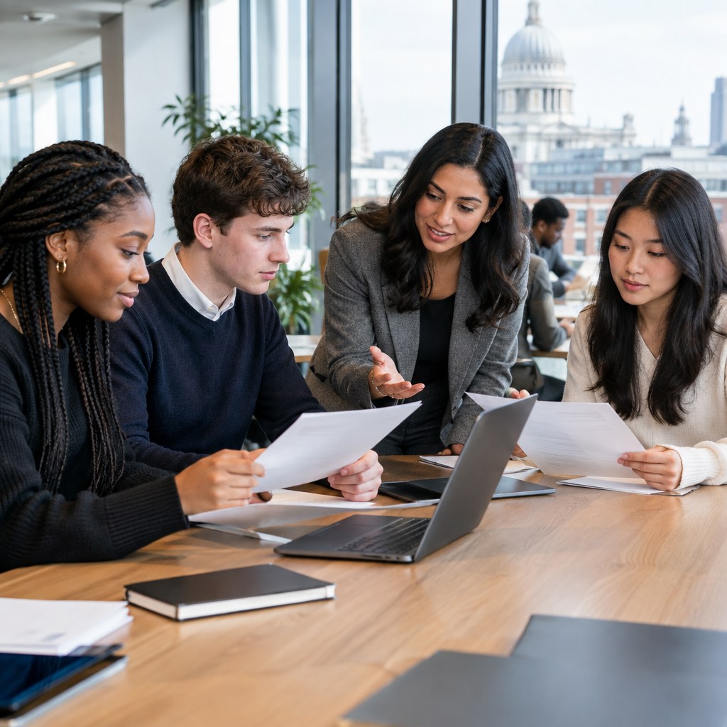 Students and graduates discussing UK internship opportunities in a modern workplace